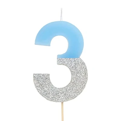 Imagen de Velas de cumpleaños con números 0, 1, 2, 3, 4, 5, 6, 7, 8, 9, 10, 18, 25, 30,40, 50 color azul y glitter plata (Número 3)