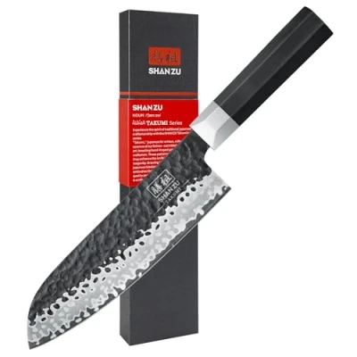 Imagen de SHAN ZU Cuchillo Santoku Forjado a Mano, 19cm de Cocina, Japonés Afilado Acero 9CR18MOV 7 Capas, para Verdura y Carne Profesional con Mango G10 TAKUMI Series