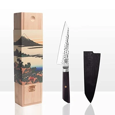 Imagen de KOTAI Cuchillo universal Bunka Petty Hoja de 13,5 cm afilado y forjado a mano Acero inoxidable japonés ultra 440C Mango madera ébano Tang oculto completo