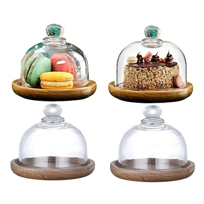 Imagen de Tiamu 4Pcs Porta Tartas Madera de Acacia con Acrilico Cupula, Mini Soporte para Servir Postres, Campana Transparente, Exhibición Postre Pastel Buffet Hotel, 10.5x9.5cm