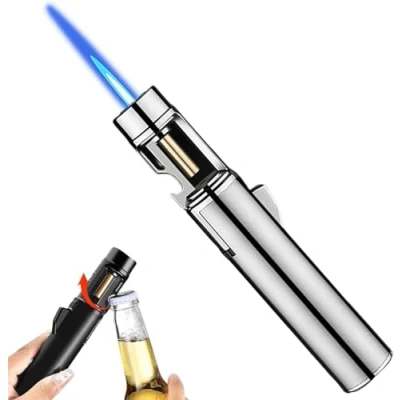 Imagen de Airbrush Windproof Lighter,Portable Adjustable Refillable Butane Jet Lighter, 2 in 1 Flame Lighter with Bottle Opener, Gas Storm for Kitchen, Grill (Sliver)