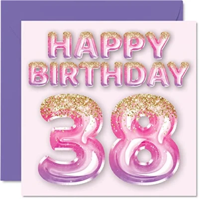 Imagen de Tarjeta de cumpleaños número 38 para mujer, globos purpurina rosa y morada, tarjetas feliz mujer años, amiga, hermana, madre, tía, 145 mm x mm, felicitación