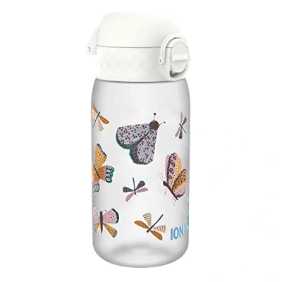 Imagen de Ion8 Botella de Agua para Niños, 350ml, a Prueba Fugas, Fácil Abrir, Cerradura Segura, Apta Lavavajillas, Sin BPA, Asa Transporte, Limpiar, Neutro en Carbono, Diseño Mariposas