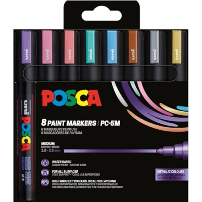 Imagen de Uni Ball 182557 POSCA Marker Set, 8 rotuladores acrílicos Metallic PC 5M, rotulador permanente 1,8 2,5 mm punta redonda