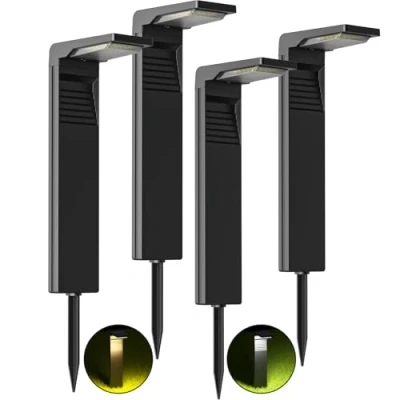 Imagen de OUSFOT Luces Solares LED Exterior Jardin, 32 Foco Solar Impermeable IP65, con 2 modos de temperatura color en el suelo para Jardín, Patio, Camino 4PCS