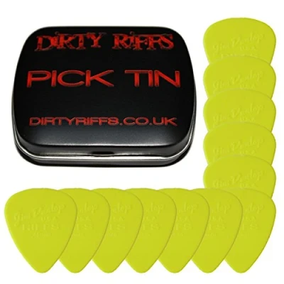 Imagen de 12 púas para guitarra Dunlop Riffs de 0,46 mm, color amarillo en una práctica lata