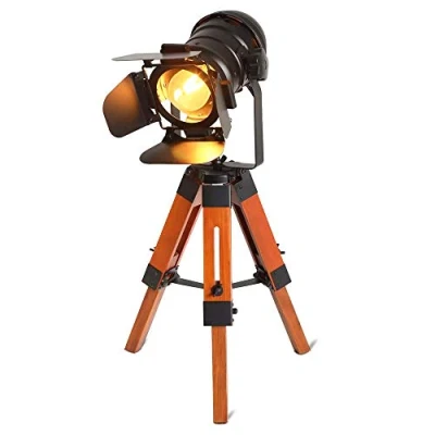 Imagen de BarcelonaLED LV238 Lámpara de pie vintage con trípode madera, diseño cine náutica industrial, foco proyector orientable negro, para bombilla E27, 67cm