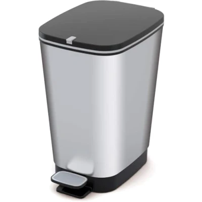 Imagen de CURVER Cubo de basura Chic Bin con pedal antideslizante 50L, acabado color acero, tapa y aro para bolsa