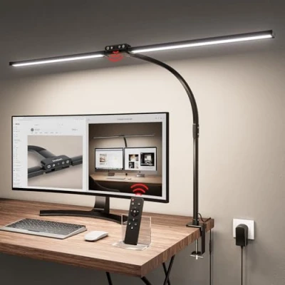 Imagen de Jeebel Lámpara de Escritorio Pinza LED 24W 80cm Lampara Doble Cabezal con 9.5cm, Mando Distancia, Giratorio 360, 1800LM Luz Ordenador para Pintar, 10 Temperatura Color Niveles Brillo