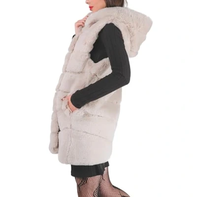 Imagen de QUEEN HELENA Abrigo de pelo sin mangas con suave y cálido capucha invierno para mujer PLC 02, beige, Talla única
