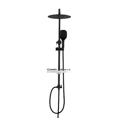 Imagen de Görbach Sistema de ducha sin grifo con Bandeja ducha, juego Altura Adjustable, negro mate, redondo (D20MB+bandeja)