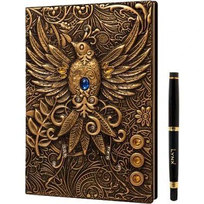 Imagen de LYNX DND Cuaderno/Libreta de 200 Páginas con Fénix Oro 3D Cuero Sintético Notebook, Diario, Journal Compatible D&amp;D, Dungeons &amp; Dragons, Dragones y Mazmorras, RPG. Regalo para Dungeon Master