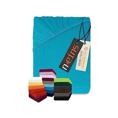 Imagen de npluseins Sábana bajera clásica de punto jersey, disponible en 34 colores modernos y 6 tamaños diferentes, 100% algodón, 180 200 x cm, color turquesa