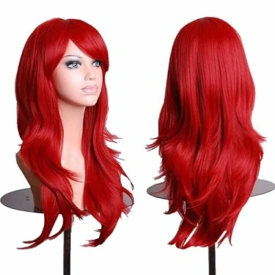 Imagen de Colorful panda 28&quot; 70 cm rojo Peluca cosplay ondulada larga para mujer, pelo largo y rizado natural con flequillo pelucas sintéticas niña fiesta Halloween