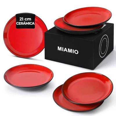 Imagen de MIAMIO Set de Plato/Plato Cena Vajilla Cerámica Gres Colección Le Papillon (Rojo, 21 cm)