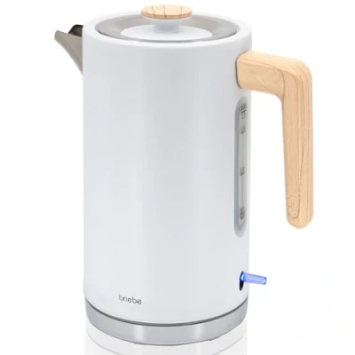 Imagen de briebe Nordic Hervidor Agua Eléctrico 1,7L Inalámbrico, Tetera Infusiones 2200W Ebullición Rápida, Libre BPA, Base 360, Controlador Strix, Apagado Automático, Diseño Nórdico, Asa Efecto Madera Blanco