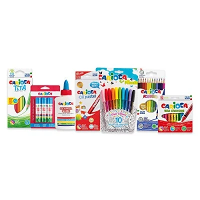 Imagen de Carioca Set DIY Kit Manualidades con Lápices de Colores, Acuarelables, Ceras, Pasteles al Óleo, Bolígrafos Pegamento Barra y Cola Blanca, 62 Unidades
