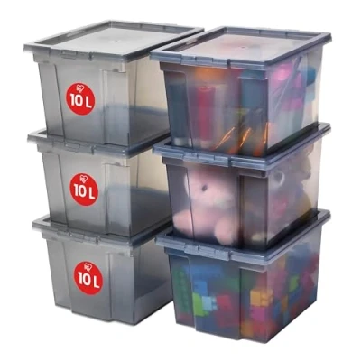 Imagen de Iris Ohyama 6 Cajas de Almacenaje Plástico Versátiles con Tapa, 10L, Gris, Cierre fácil, Apilable, Duradero, para Armario, Estante, Aula, Organizadora, Ropa, Zapatos, Libre BPA, USB S