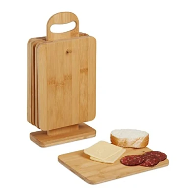 Imagen de Relaxdays Frühstückbrettchen Set mit Ständer Tabla de Cortar y Servir con Soporte, Pack 6, Bambú, Bandejas Quesos, 22 x 16 cm, Pan Desayuno, Natural, 32.5 7 cm