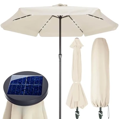 Imagen de Kingsleeve Sombrilla de Jardín con Luz Crema Ø330cm Aluminio Parasol 24 Leds Solares y Manivela