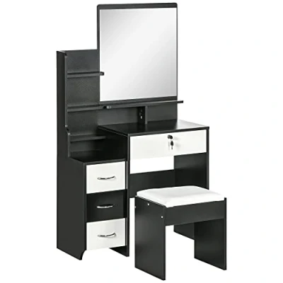 Imagen de HOMCOM Juego de tocador Mesa Maquillaje con Taburete Acolchado Grande Espejo + Varios estantes Abiertos 4 cajones Blanco Negro