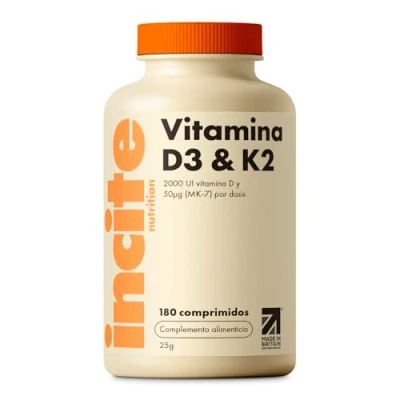 Imagen de Incite Nutrition Vitamina D3 2000 UI y K2 (MK7) 50 µg 180 Tabletas Vegetarianas Prémium Suministro de 6 Meses Alta Potencia Calidad, Fabricado en el Reino Unido