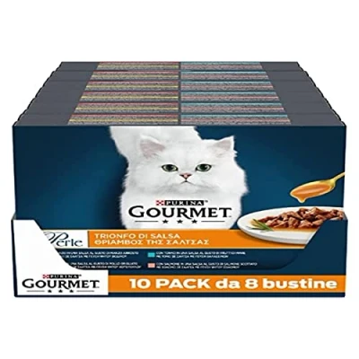 Imagen de Purina Gourmet Perle húmedas para Gato, trionfo de Salsa con Ternera, Pollo, salmón, atún, 80 Sobres 85 g Cada uno (10 Paquetes 8 x g)