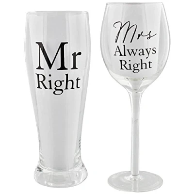 Imagen de Amore Mr Right and Mrs Always by Pint &amp; Wine Glass Set de regalo