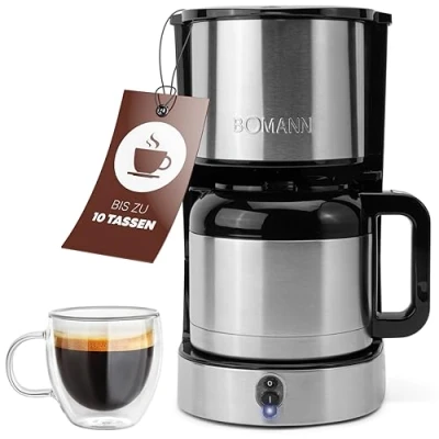 Imagen de Bomann, cafetera de acero inoxidable con indicador luminoso, jarra termo, inoxidable, 1,2 litros, KA6066CB,