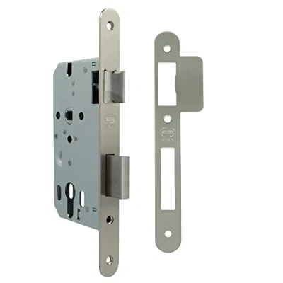 Imagen de Amig Cerradura de Embutir para Puertas Madera Con Paletón Cierre Frente y Soporte en Canto Redondo Entrada 50 mm Picaporte reversible Acero Plateado Mate 230