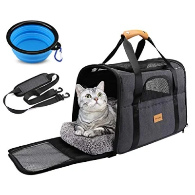 Imagen de morpilot Transportín Perro Gato, Bolsa Transporte Transpirable para Mascota, con Correa de Hombro Ajustable y Cojín Extraíble + Tazón (16.9 * 11.8 13 Inch)