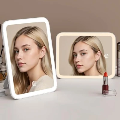 Imagen de Auxmir Espejo de Maquillaje Mesa,Luz Adjustable con LED y el Interruptor del Sensor, Fuerte Soporte para Adjustar Múltiples Ángulos, Recargable USB