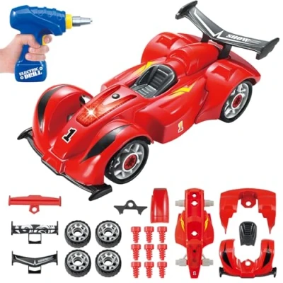 Imagen de Pup Go Tomar Aparte F1 Coche de Carreras para Niños 3+ Años, Juguete 24 Piezas con Taladro Eléctrico, LED y Sonido Realistas, Construir Su Propio Coche, Mejores Regalos (Rojo)