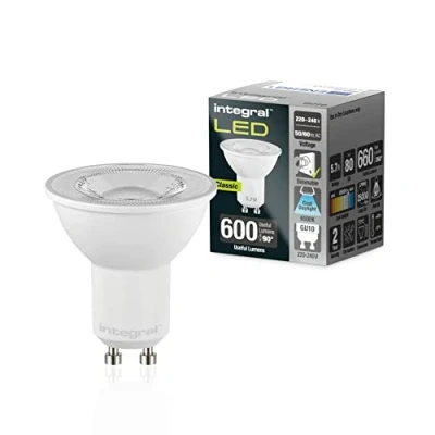 Imagen de Integral Bombilla LED 5 PACK GU10 Fría Natural 6500 K, 600 LM, 5,7 W (equivalente a 75 W) regulable Eficiencia energética e ideal para focos y luces empotradas en baños, cocinas, salones