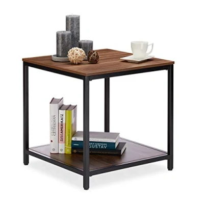 Imagen de Relaxdays Mesa Auxiliar Cuadrada con Dos Baldas, DM Metal, Negro Marrón, 51 x 50,5 cm, Tablero de Fibras, 5 cm