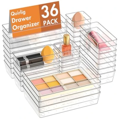 Imagen de Quirlig 36 Piezas Organizadores de Cajones Plástico Transparente, Separadores Escritorio 4 Tamaños, Bandejas Almacenaje para Maquillaje, Baño, Oficina