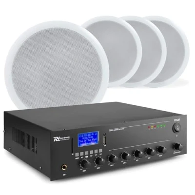 Imagen de Power Dynamics Sistema de Sonido 100V 4 Altavoces Techo, Amplificador Bluetooth, MP3 USB, RCA AUX, Woofer 6&quot;, Profundidad 77mm, Diámetro 165mm, Incluye Cable 50m Fácil Instalación