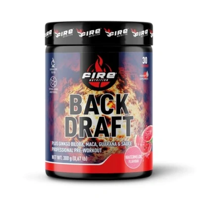Imagen de Fire Nutrition BackDraft Pre Workout 400gr Sabor Watermelon PreEntreno con 327mg de Cafeina, Combinación Taurina, Guarana, BetaAlanina, Arginina, Citrulina, Creatina, Maca, Ginkgo Biloba