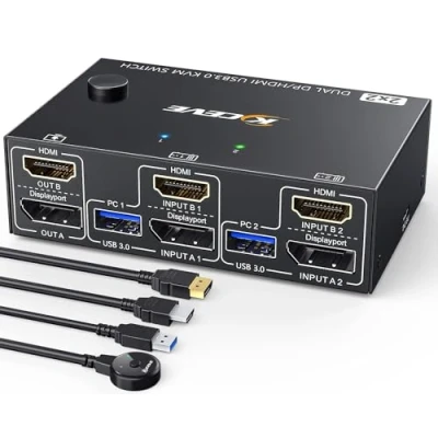 Imagen de Conmutador KVM de monitor dual USB 3.0 4K@60Hz, 2K@120Hz, 2 PC monitores HDMI+Displayport para computadoras comparten pantallas y 4 dispositivos USB3.0. Control remoto con cable