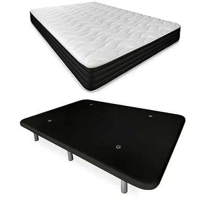 Imagen de Duérmete Online Cama Completa con Colchón Pocket Visco Reversible + Base Tapizada Reforzada Color Negro 6 Patas, Madera, 105 x 190