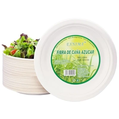 Imagen de EXNIMA, Pack 50, 100, 200, 500 o 1000 Platos Desechables Biodegradables, Hechos de Fibra Caña Azúcar, Natural, 100% Biodegradable, Redondo, Planos, para Comidas, Barbacoa, Fiestas, Cumpleaños.