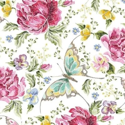 Imagen de servilletas de papel con diseño flores, jardín y naturaleza, mariposas en flores rosas, decoración mesa, diseño. También para decoupage (33 x 33 cm)