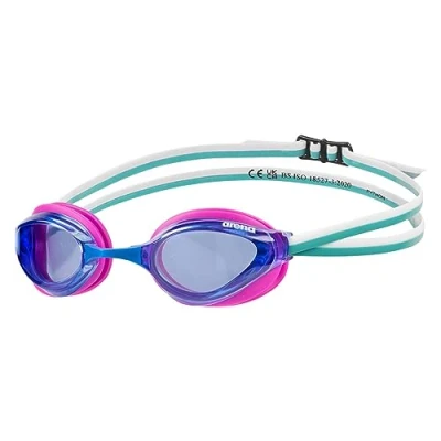 Imagen de Arena Gafas de natación unisex Python Racing para hombres y mujeres, antivaho, lente sin espejo, máxima comodidad, doble correa, azul/fucsia/agua