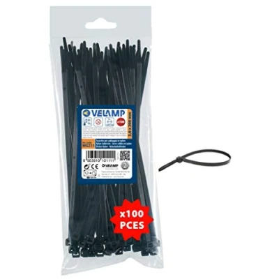 Imagen de Velamp MG211 Kit de 100 Bridas Abrazadera para Cables 3.6 x 200 mm, Nylon 6.6, hiperresistente, Negro, 3,6