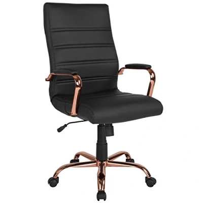 Imagen de Flash Furniture Silla de Escritorio giratoria Whitney, Piel Suave, con Respaldo Alto, Asiento y reposabrazos Acolchados, Oficina Acolchada Altura Ajustable, Negro/Oro Rosa