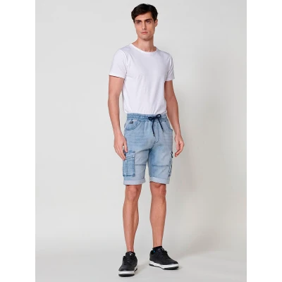 Imagen de Bermuda Jogger Cargo en Knit Denim Elástico con Efecto Lavado Color Azul Claro para Hombre
