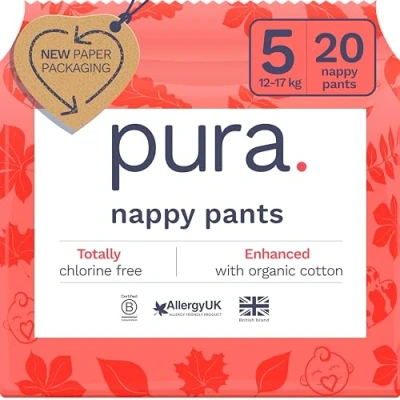 Imagen de Pura Eco Nappy Pants Size 5 (12 17kg), 20 Nappies, Pull Up Disposable Baby Nappies for Sensitive &amp; Allergy Prone Skin, Hypoallergenic, Fragrance Free, Easy Tear Side, New Guide