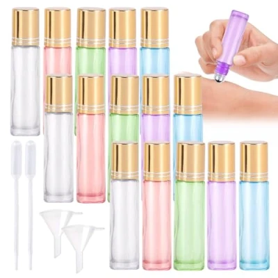 Imagen de 15 botellas de rodillo aceites esenciales, cristal roll on, botella vacía 10 ml con bolas acero inoxidable, rellenables, multicolor para