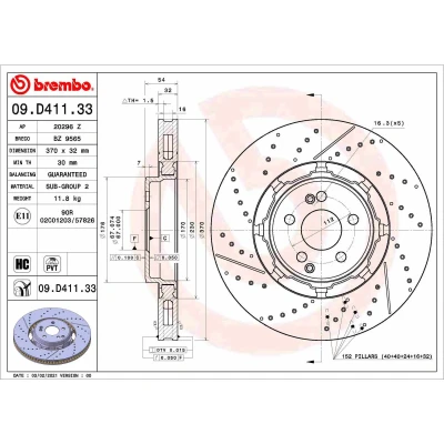 Imagen de BREMBO 09.D411.33 disco de freno 370 32 5 ranurado/perforado, dos piezas, ventilación interna revestido altamente carbonizado