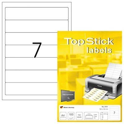 Imagen de TopStick 8721 Etiquetas para archivadores de palanca A4, paquete 10 (192 x 38 mm, 1000 hojas, papel, mate) autoadhesivas, imprimible, pegatinas carpetas permanentes, 7000 adhesivos blancas